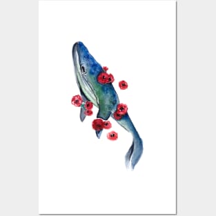 Watercolor whale and red flowers Posters and Art